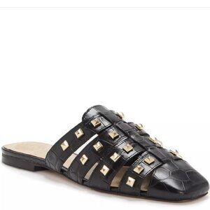 Vince Camuto LEDINNA Black Leather Mule Studded Croc Embossed Flats NEW